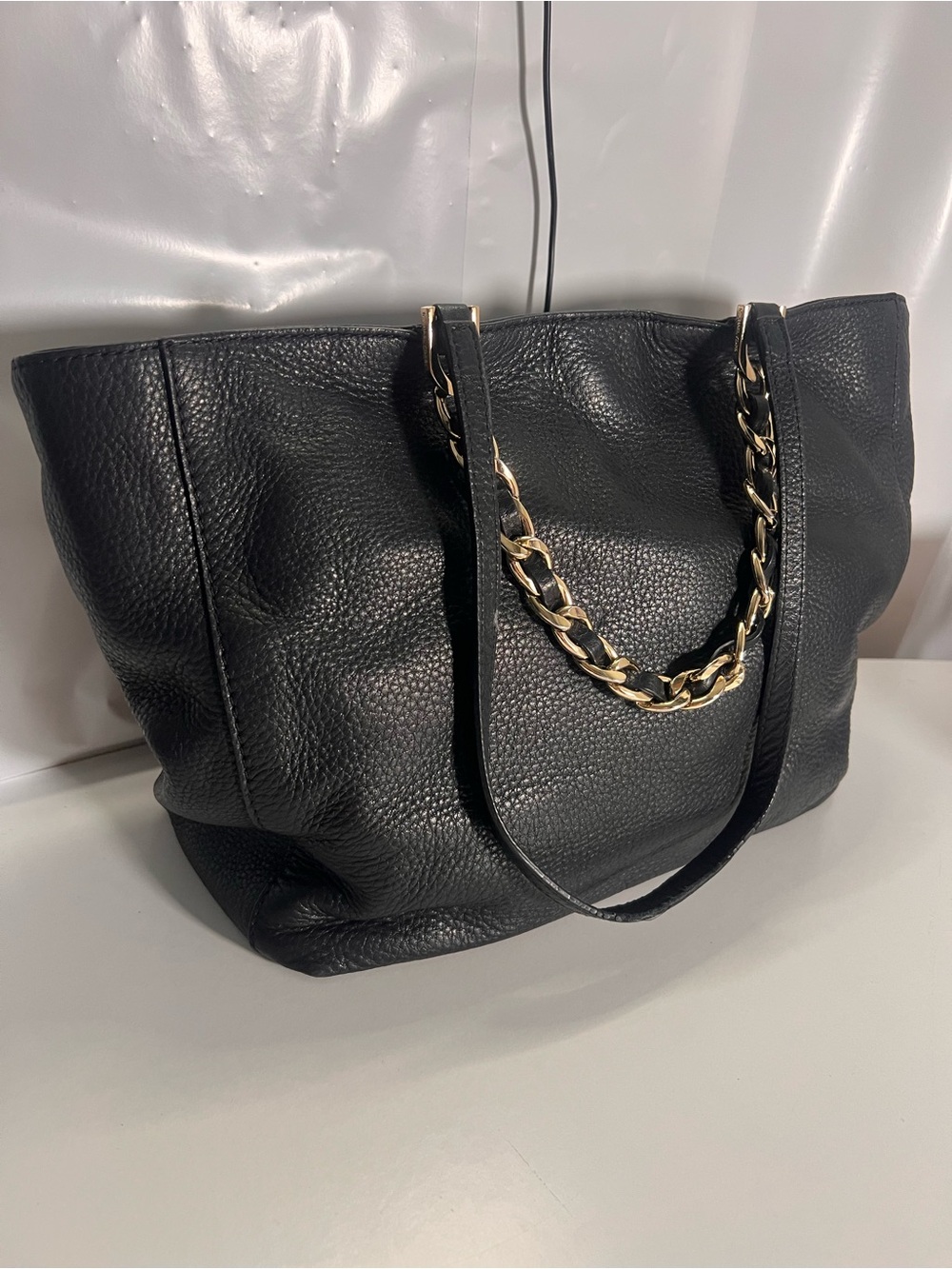 Black Leather Chain-Handle Tote Bag